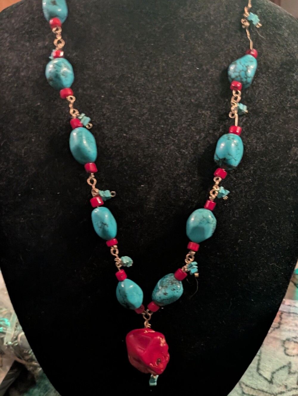 Huge Natural Turquoise And Red Coral Necklace